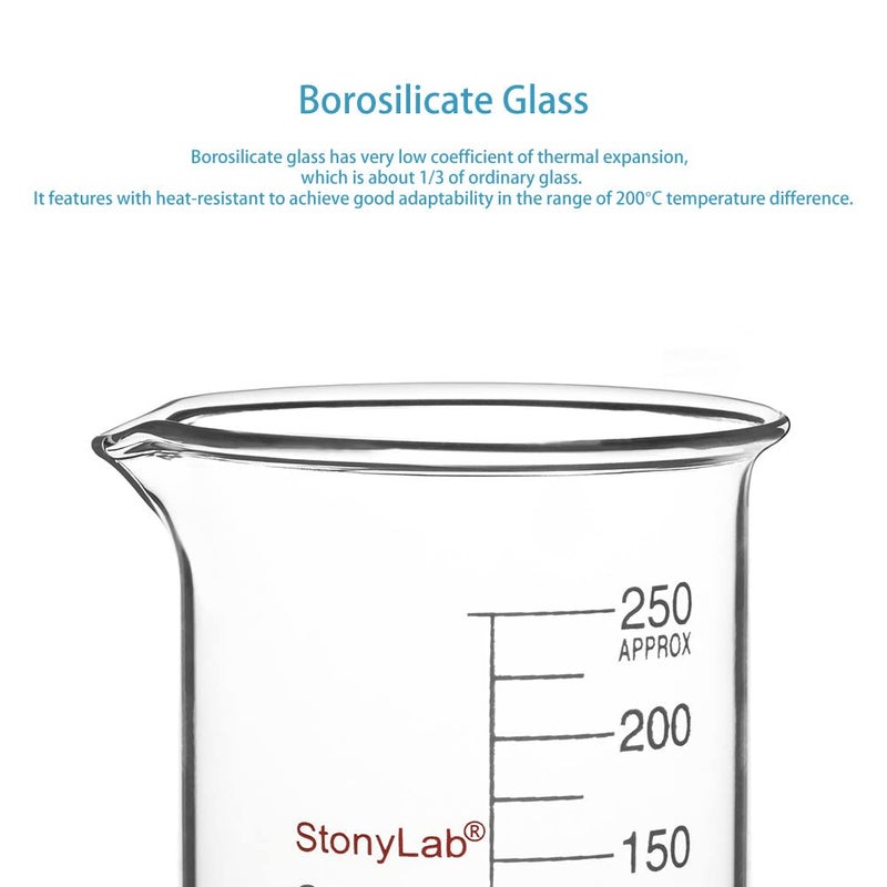 stonylab كوب زجاجي 1 عبوة زجاج بوروسيليكات متدرج شكل منخفض كوب غريفين مع فوهة صب، 250 مل - Image 2